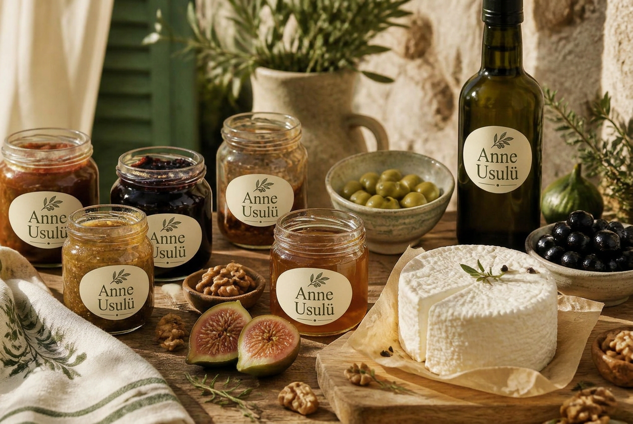 Anne Usulü Akdeniz sofrası — reçel, bal, peynir, zeytin